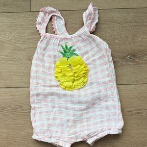 Mudpie Pink Gingham Baby Romper with Yellow Pineapple Applique
